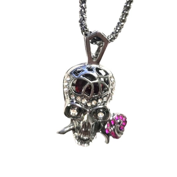 Elle Cross Jewelry - Gunmetal Gray Skull with Red Round Crystal Rose in Teeth Pendant 20"